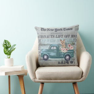 Vintage Newspaper Yorkie And Truck Ephemera  Throw Pillow