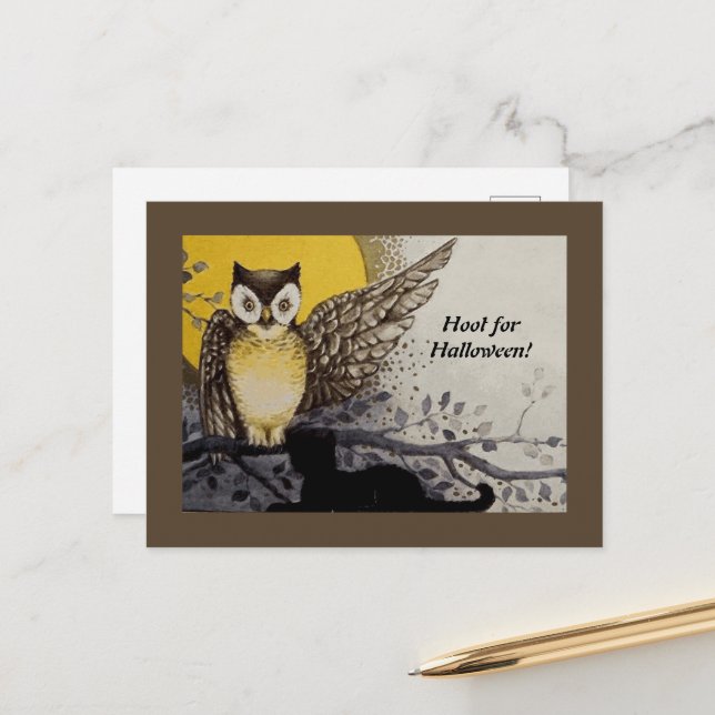 Vintage Night Owl Wing on Branch Moon Postcard (Front/Back In Situ)