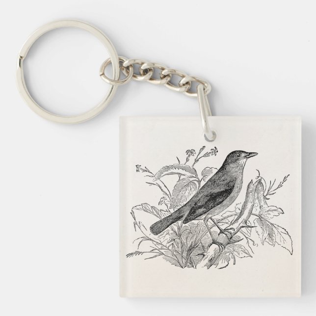 Vintage Nightingale Bird Personalized Retro Birds Keychain (Front)