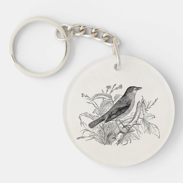 Vintage Nightingale Bird Personalized Retro Birds Keychain (Front)