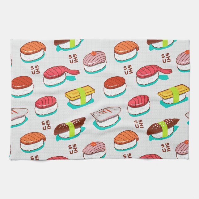 Vintage nigiri sushi, doodle pattern kitchen towel (Horizontal)
