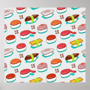 Vintage nigiri sushi, doodle pattern poster