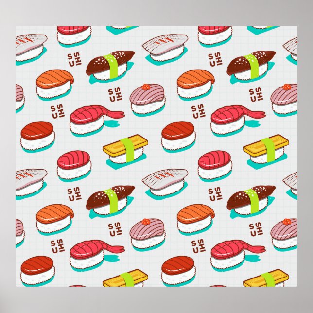 Vintage nigiri sushi, doodle pattern poster (Front)