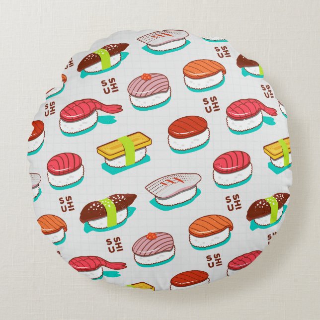 Vintage nigiri sushi, doodle pattern round pillow (Front)