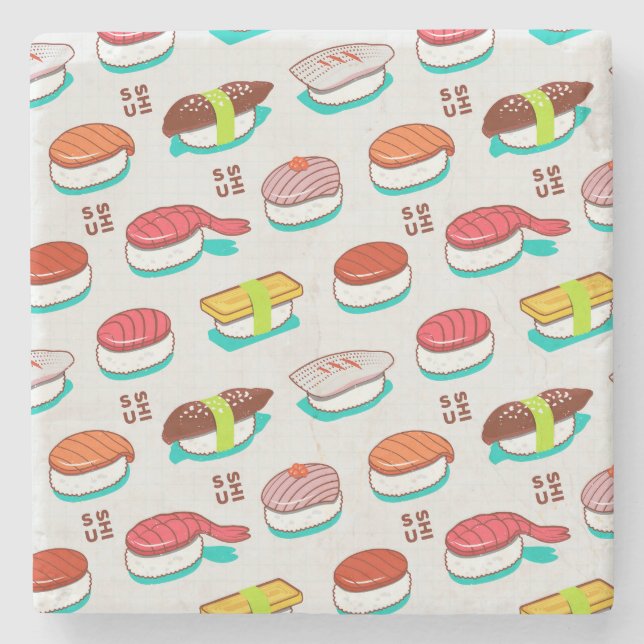 Vintage nigiri sushi, doodle pattern stone coaster (Front)