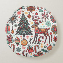 Vintage Noël Rétro Arbre Cadeau Coussin rond