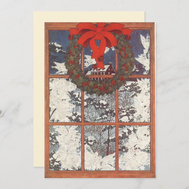 Vintage Noël Wreath in Window Invitation (Devant / Derrière)
