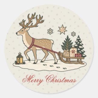 Vintage Nordic Christmas Deer Sleigh Party Classic Round Sticker