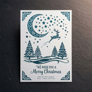 Vintage Nordic Reindeer Moon Christmas Greeting Holiday Card