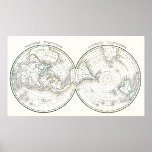 Vintage Northern and Southern World Hemisphere Map Poster