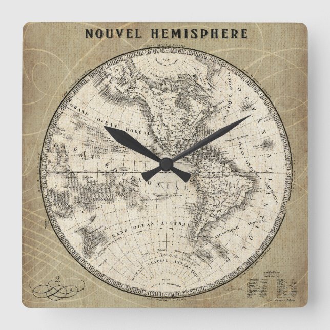 Vintage Northern Hemisphere Map Square Wall Clock (Front)
