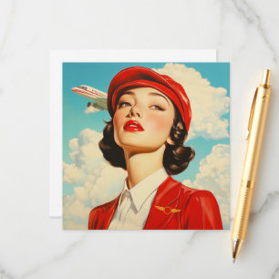 Vintage Note Card with Stewardess and Airplane