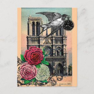 Vintage Notre Dame, Swallow, Roses, Collage Postcard