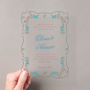 Vintage Nouveau Botanical Frame Pink Blue Wedding Acrylic Invitations
