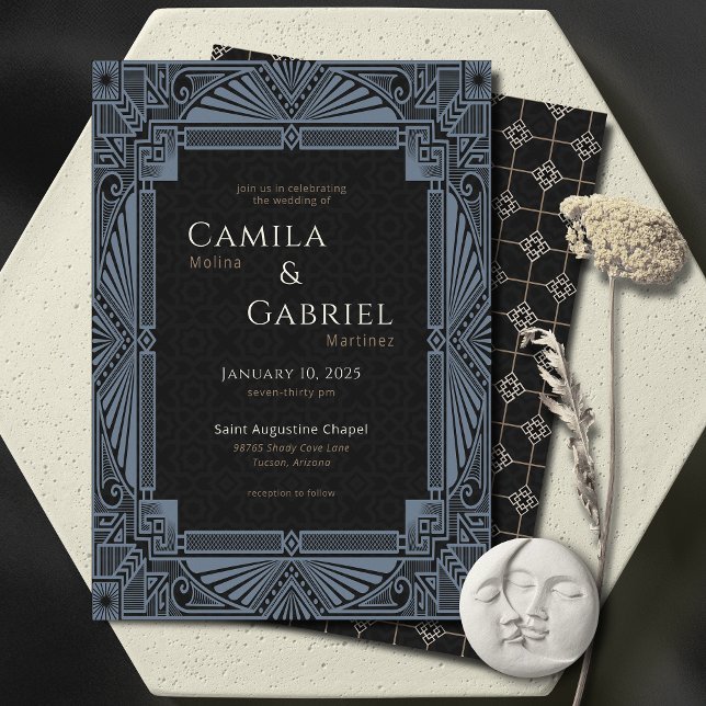Vintage Nouveau Deco  Dusty Teal Blue Black Invitation (Creator Uploaded)