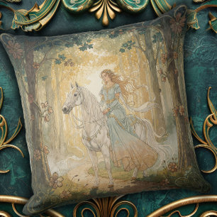 Vintage Nouveau Maiden Riding Throw Pillow