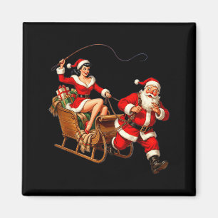 Vintage Nup Girl Santa Sleigh Funny Christmas Coup Magnet