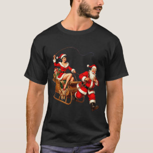 Vintage Nup Girl Santa Sleigh Funny Christmas Coup T-Shirt