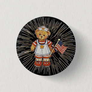 Vintage Nurse Bear with Modern White Fireworks 1 Inch Round Button