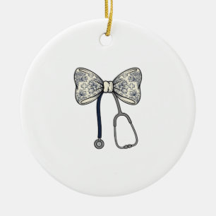 Vintage Nurse Bow Stethoscope Floral Shirt Design_ Ceramic Ornament