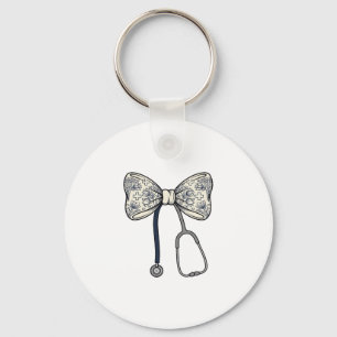 Vintage Nurse Bow Stethoscope Floral Shirt Design_ Keychain
