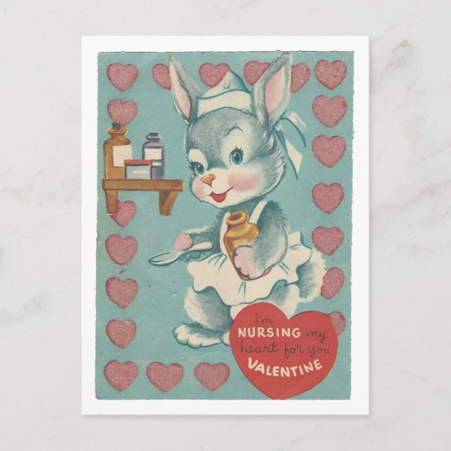 Vintage Nurse Bunny Valentine Holiday Postcard (Front)