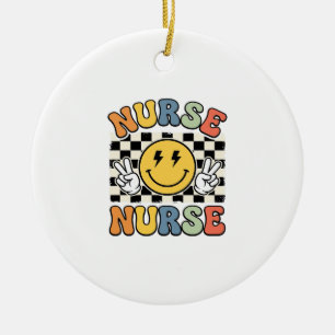 Vintage Nurse Smiley Chequerboard Shirt Design_1 Ceramic Ornament