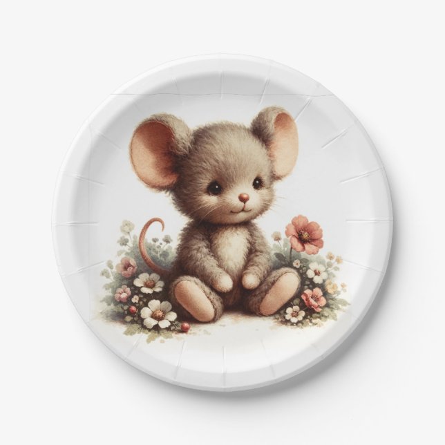 Vintage Nursery Mouse Flower  Paper Plate (Front)
