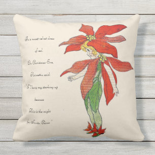 Vintage Nursery Rhyme Christmas Eve Poinsettia Kid Throw Pillow