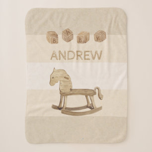 Vintage Nursery Sherpa Blanket with Wooden Horse