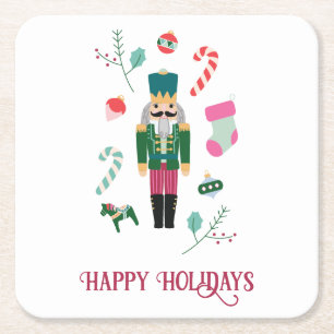 Vintage Nutcracker Jewel Tone Happy Holidays Square Paper Coaster