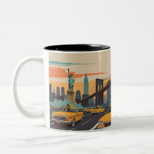 Vintage NYC Skyline Poster – Yellow Cab, Skyscrape Two-Tone Coffee Mug