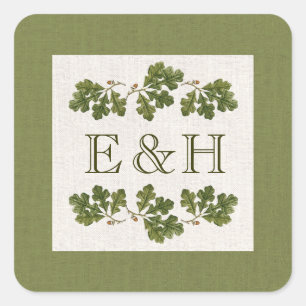 Vintage Oak Tree Leaves Monogram Wedding  Square Sticker