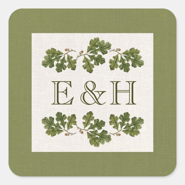 Vintage Oak Tree Leaves Monogram Wedding  Square Sticker (Front)