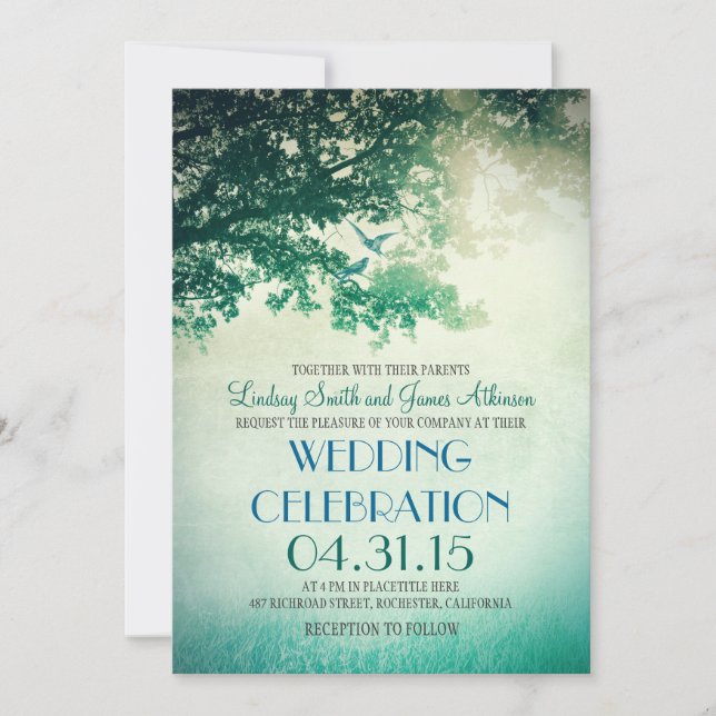 Vintage oak tree & love birds wedding invites (Front)