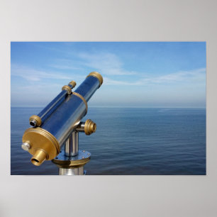 Vintage observation telescope with ocean view poster