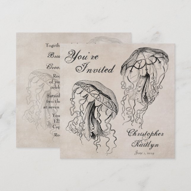 Vintage Ocean Jellyfish Plage Mariage Invitation (Devant / Derrière)
