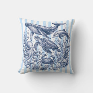 Vintage Ocean Life Blue Stripe Nautical Throw Pillow