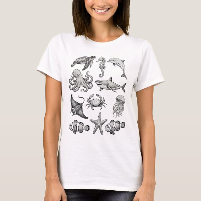 Vintage Ocean Life Engraving Illustration T-Shirt (Front)