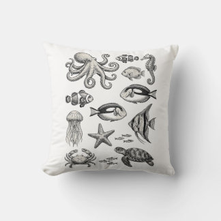 Vintage Ocean Life Engraving Illustration Throw Pillow
