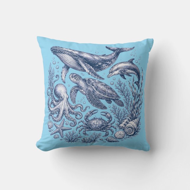 Vintage Ocean Life Light Blue Nautical Throw Pillow (Front)