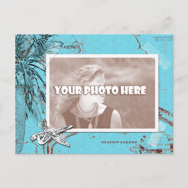 Vintage Ocean Map Collage Turquoise Photo Frame Postcard (Front)