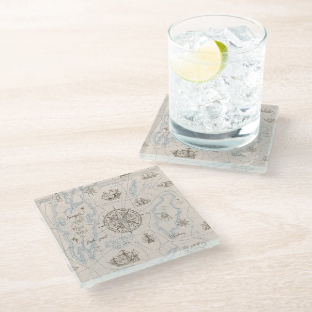 Vintage Ocean Map Pattern Glass Coaster (Angled)