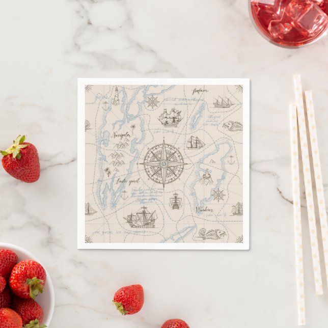 Vintage Ocean Map Pattern Napkin (Insitu)