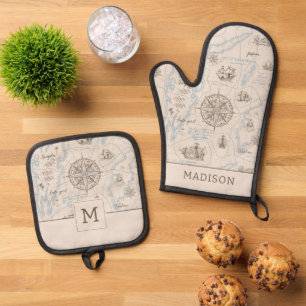 Vintage Ocean Map Pattern Oven Mitt & Pot Holder Set