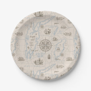 Vintage Ocean Map Pattern Paper Plate