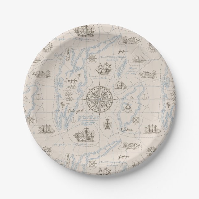 Vintage Ocean Map Pattern Paper Plate (Front)