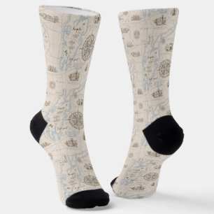Vintage Ocean Map Pattern Socks