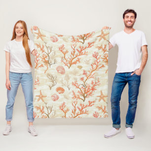 Vintage Ocean Shell Coral Starfish Beige Ivory Fleece Blanket