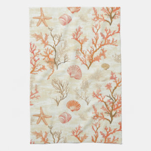 Vintage Ocean Shell Coral Starfish Beige Ivory Kitchen Towel